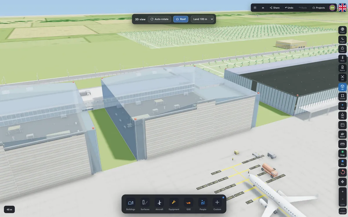 Maintenance hangars with offices and their own aprons, in 3D