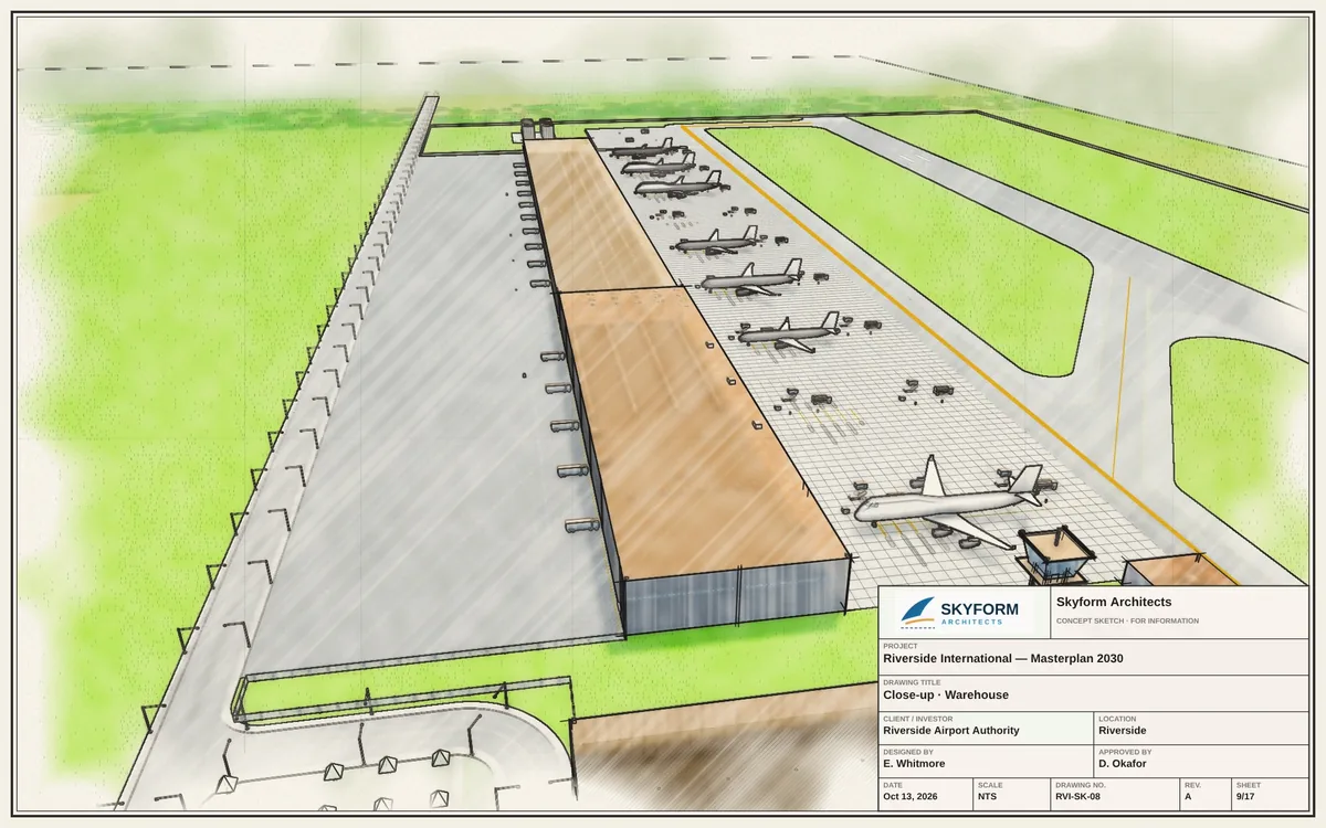 Watercolour sketch of a warehouse and its cargo stands