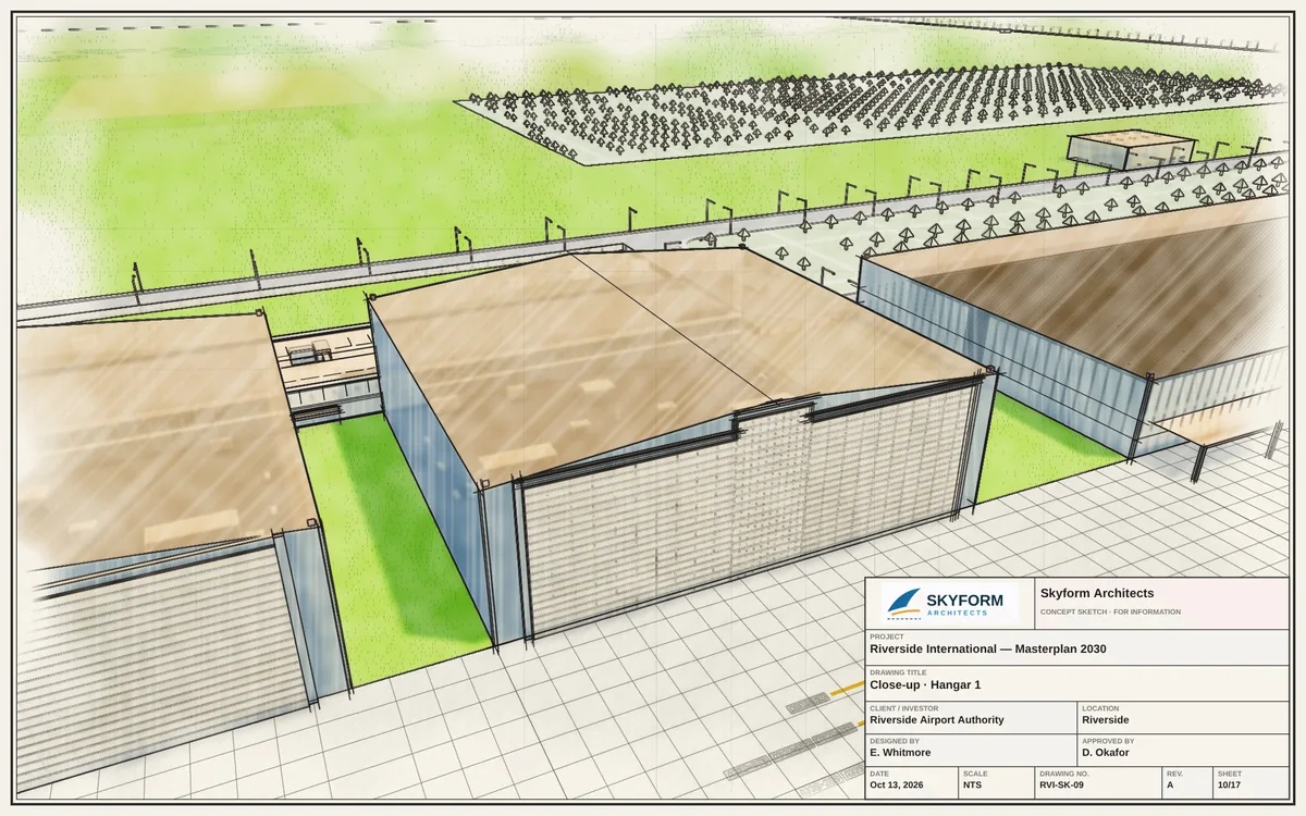 Watercolour sketch of a maintenance hangar